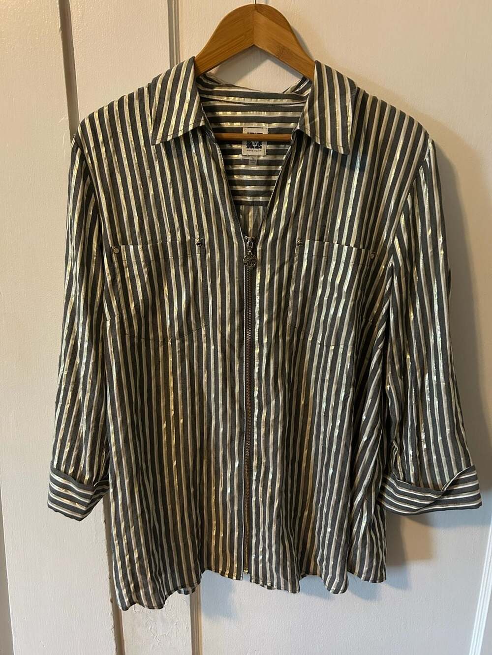 Anne Klein Women's Metallic Striped Zip-Front Shirt Size 1X